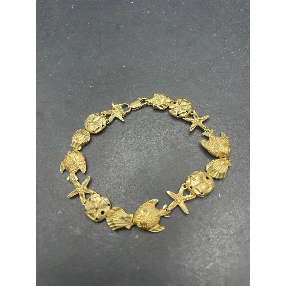 14K Yellow Gold Nautical Sea Life Link Bracelet Starfish Shell Fish 12.06 Grams